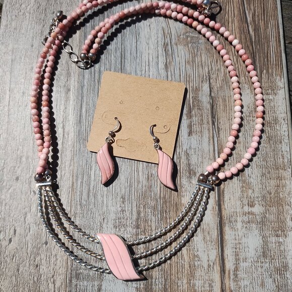 Jay King DTR mine finds carved Wave Pink Opal Necklace Earrings set 925 rare - Picture 7 of 11